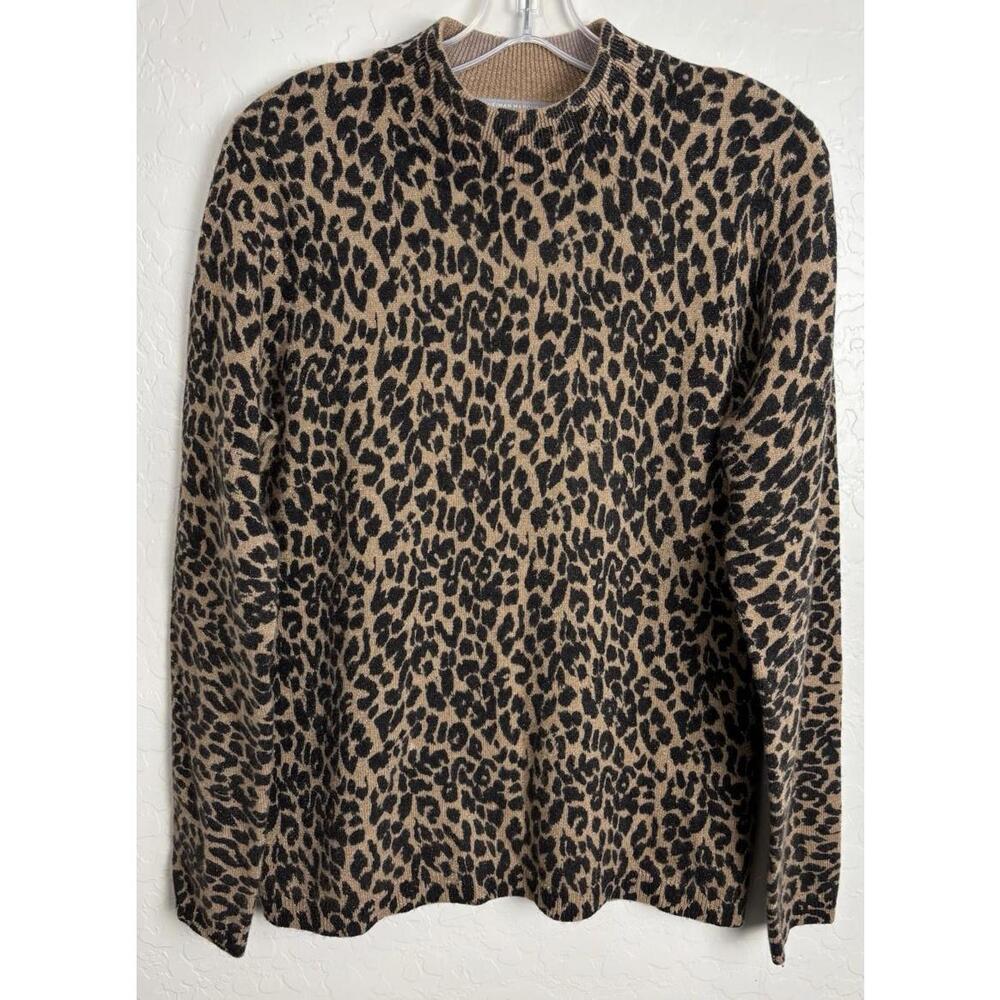 Neiman Marcus Cashmere Leopard Print Sweater Tan Black Metallic Crew Neck L 1527
